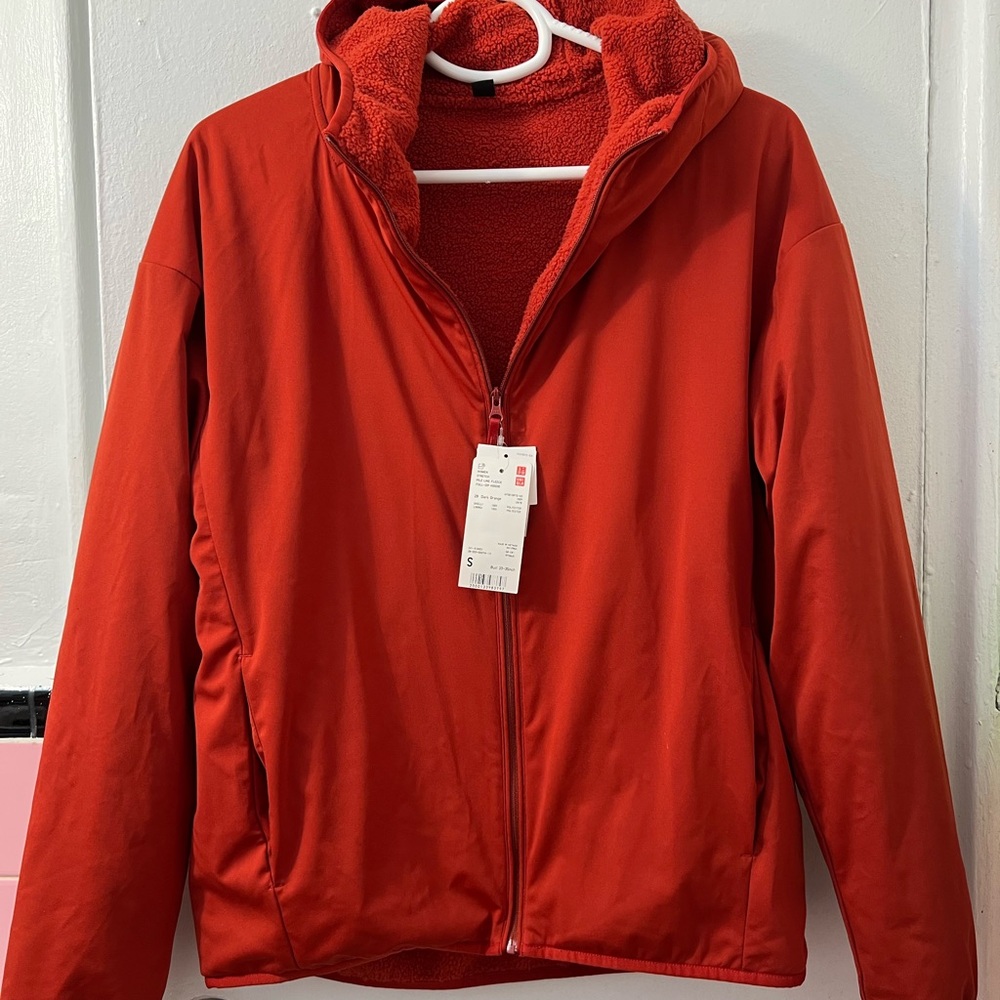 Uniqlo Stretch Pile line fleece full zip hoodie in dark orange size S